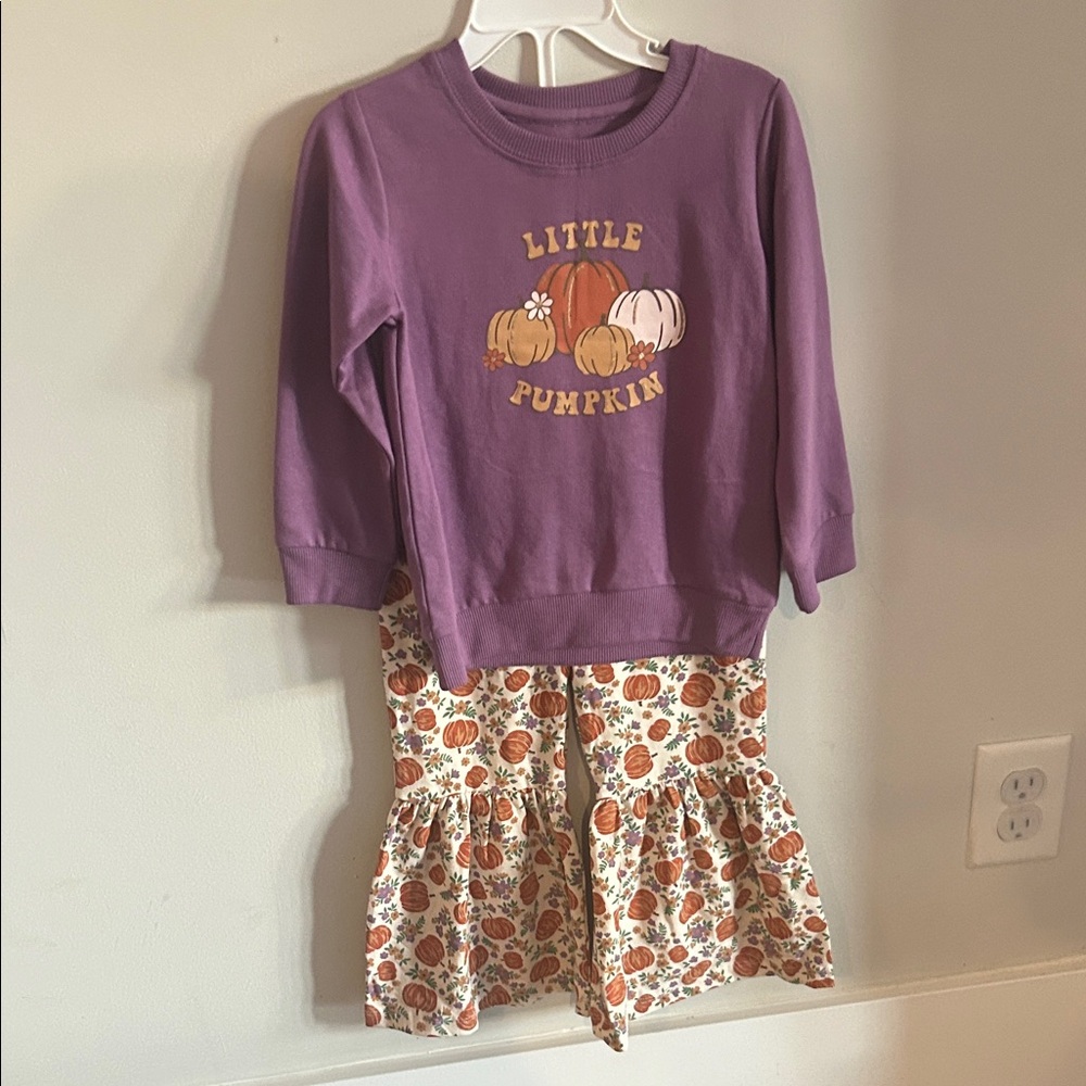 Fall Purple Little Pumpkin Sweatshirt and Floral Pants Set 3T